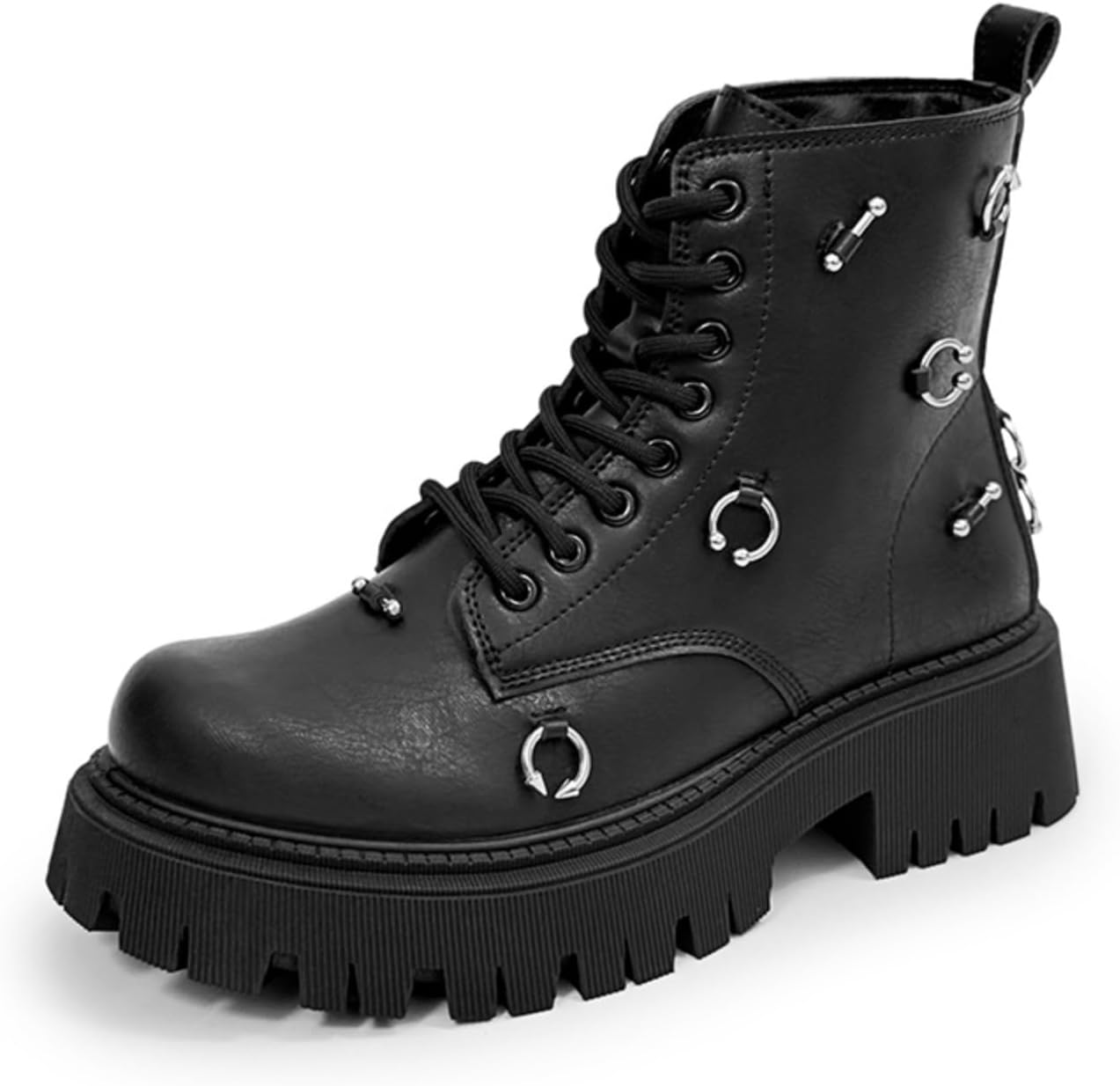 

Мужские кожаные панк-бутсы с серебряными металлическими акцентами, массивной рифленой подошвой для поддержки голеностопа, нескользящие шнурованные ботинки для повседневной носки, улицы и мото-стиля Kelibasi