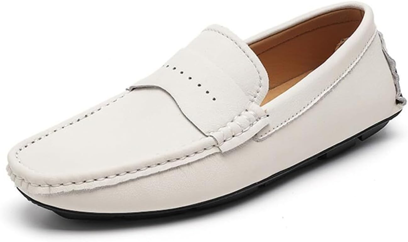 

Мужские лоферы из натуральной кожи, с ручной прошивкой, удобные, с круглым носком, плоские, повседневные, без шнурков, для улицы, и прогулок Generic, бежевый