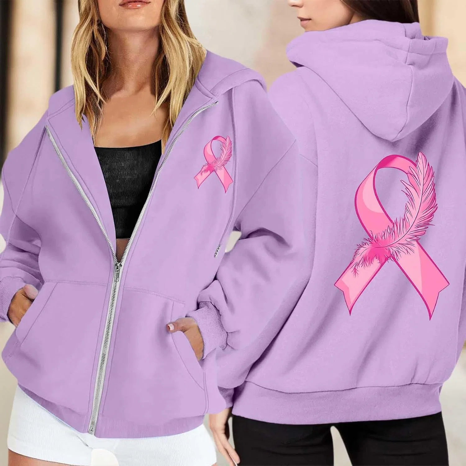 Худи женское с застежкой-молнией, бренд Generic, цвет Light Purple 4 — фото 2
