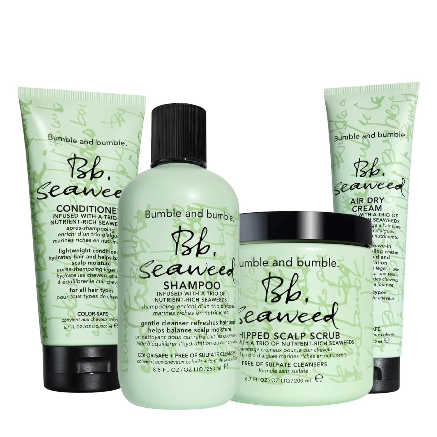 Bumble and bumble набор: шампунь Seaweed Nourishing, кондиционер, крем для укладки Air Dry Styling Cream и скраб для кожи головы Whipped Scalp Scrub, увлажняющий, против пушистости, для окрашенных волос, для кудрявых, волнистых и прямых Bumble A...