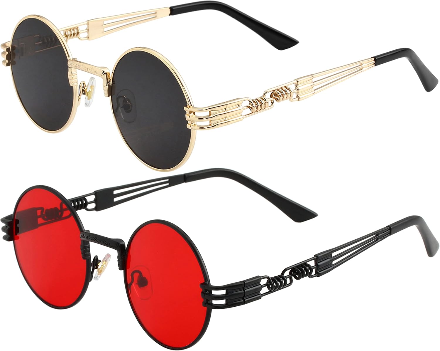 

Круглые солнцезащитные очки Kursan для женщин и мужчин, в стиле хиппи, ретро, ​​с металлической оправой, защита от УФ-излучения UV 400, 2 Pack (Gold/Black + Black/Red)