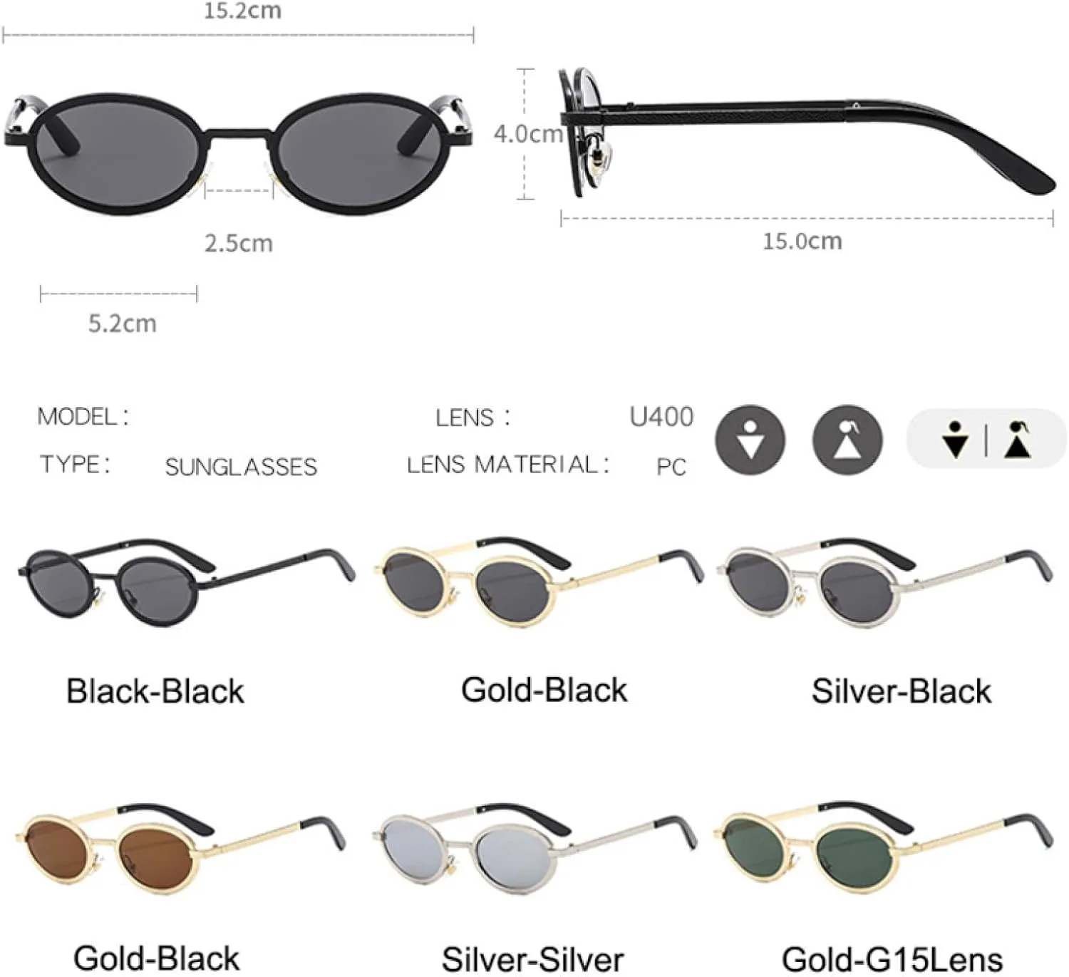 

Винтажные круглые солнцезащитные очки для женщин и мужчин, маленькие овальные металлические, роскошные, с защитой от УФ-излучения UV400 UATXTAU, Silver-black