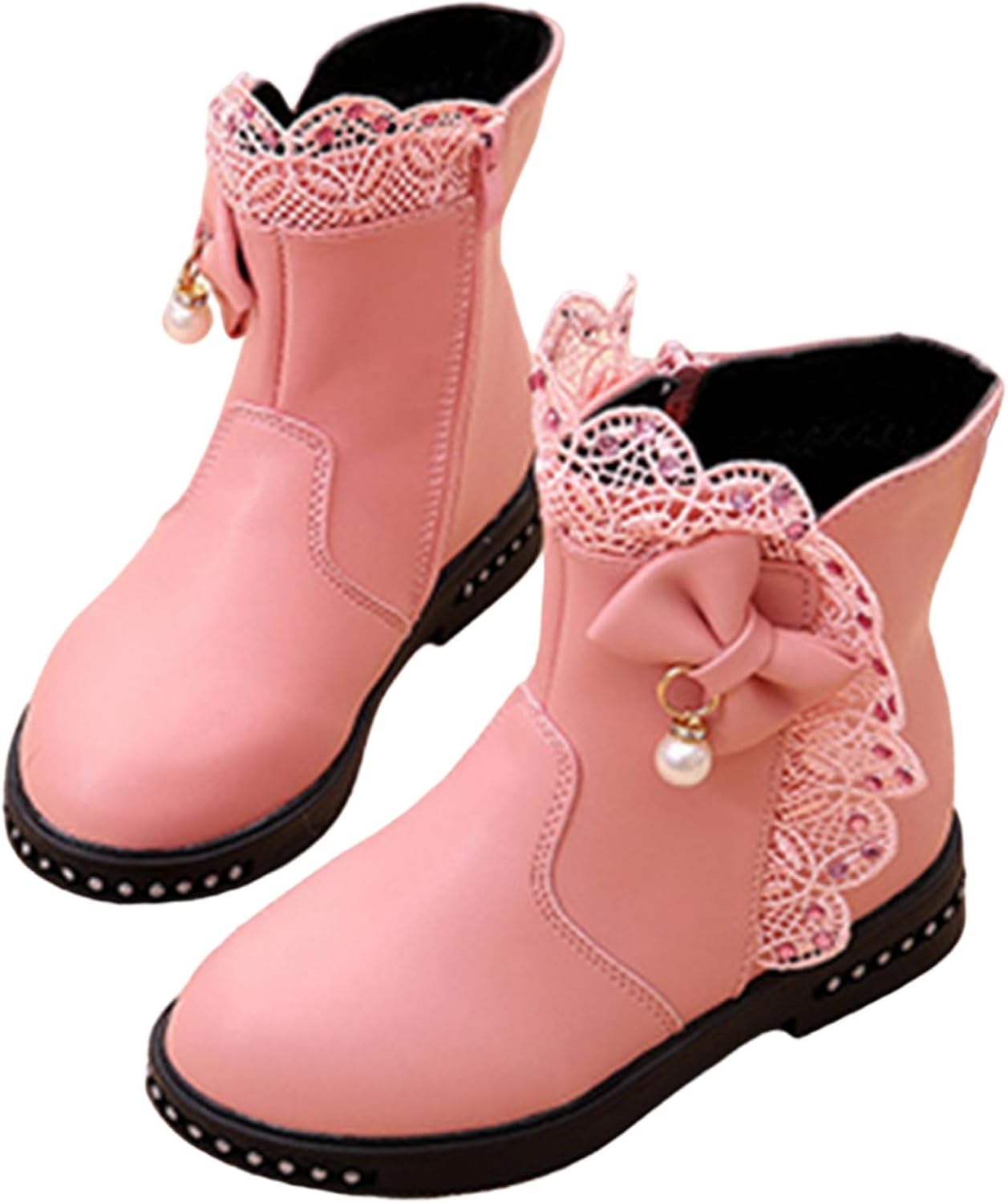 

Милые ботильоны для девочек с боковой молнией, короткие сапожки с бантиком, зимние ботинки из искусственной кожи с подкладкой, западные туфли Generic, Pink