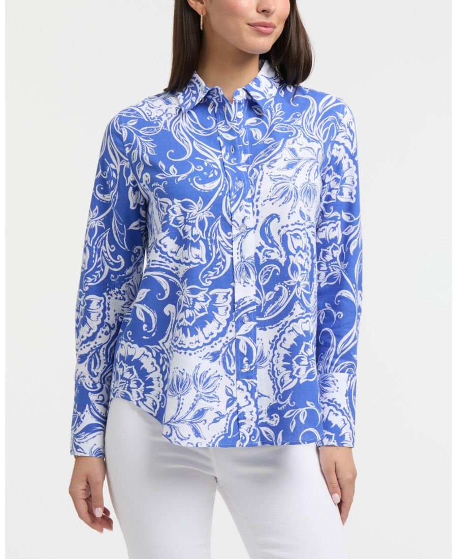 

Женская рубашка с длинными рукавами из льняной смеси Ellen Tracy, Azure batik floral