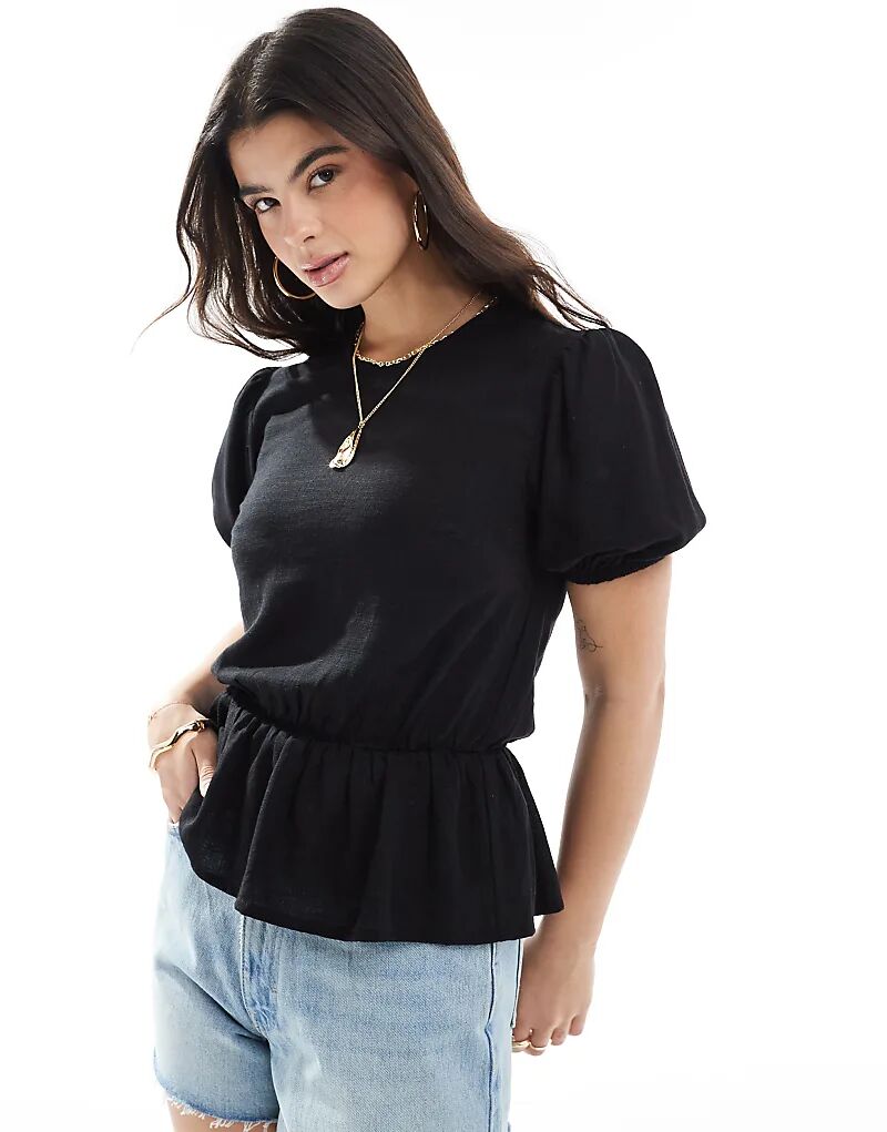 

Топ из льняной смеси ASOS DESIGN с баской и рукавами-фонариками черного цвета
