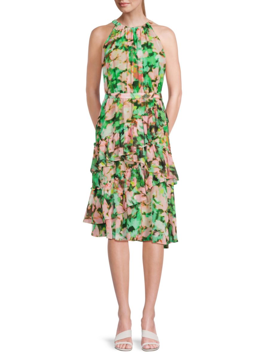 

Платье миди с многоярусными оборками BCBGMAXAZRIA, цвет Green Combo