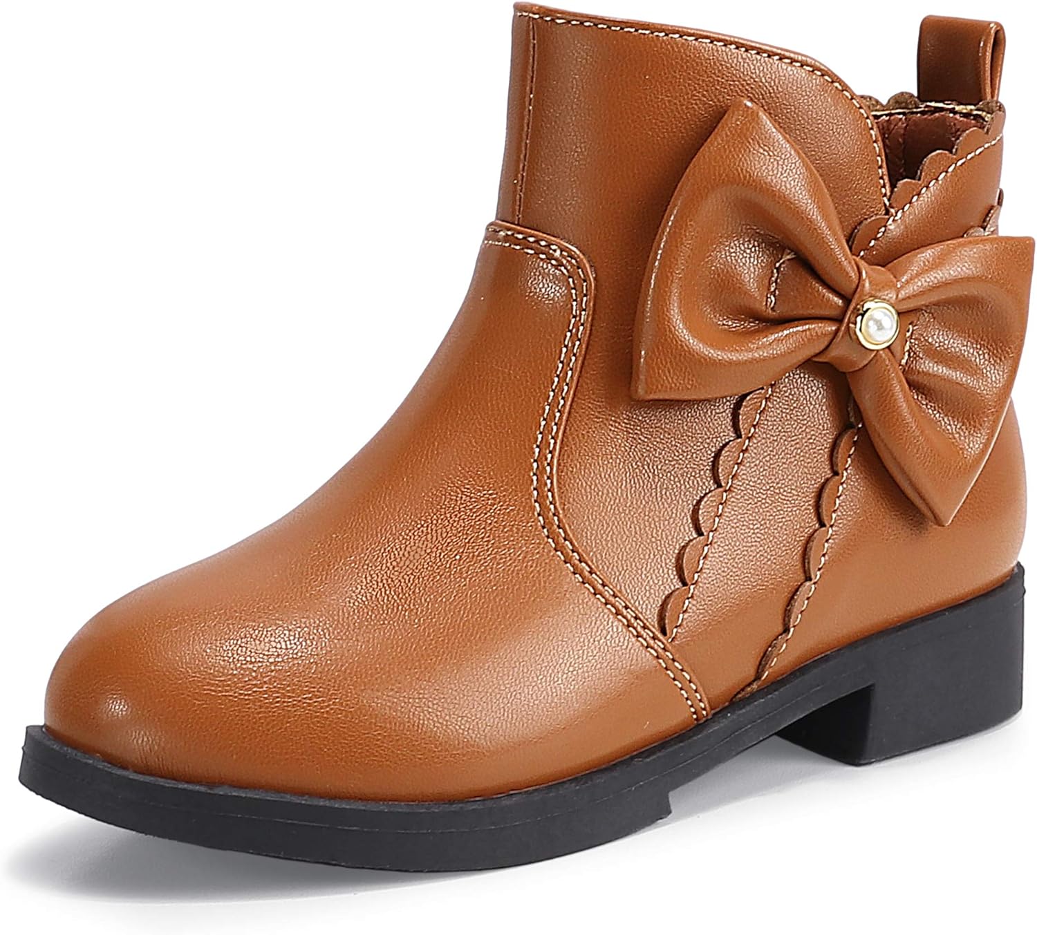 

Детские/маленькие девочковые модные короткие ботильоны PANDANINJIA Clara с жемчугом и бантом на платье, с застежкой-молнией, Brown Pu