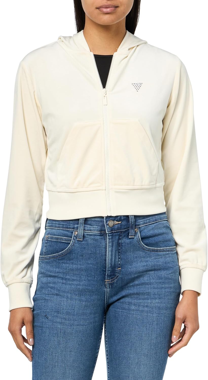 

GUESS женская толстовка с капюшоном и молнией укороченная Eco Couture, Vanilla Cream