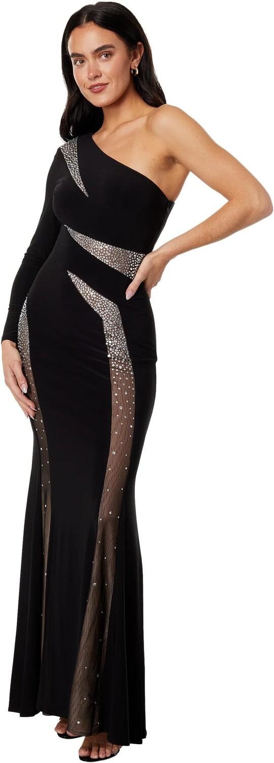 

Платье Long One-Shoulder Heat Stone Cutout Betsy & Adam, цвет Black/Silver