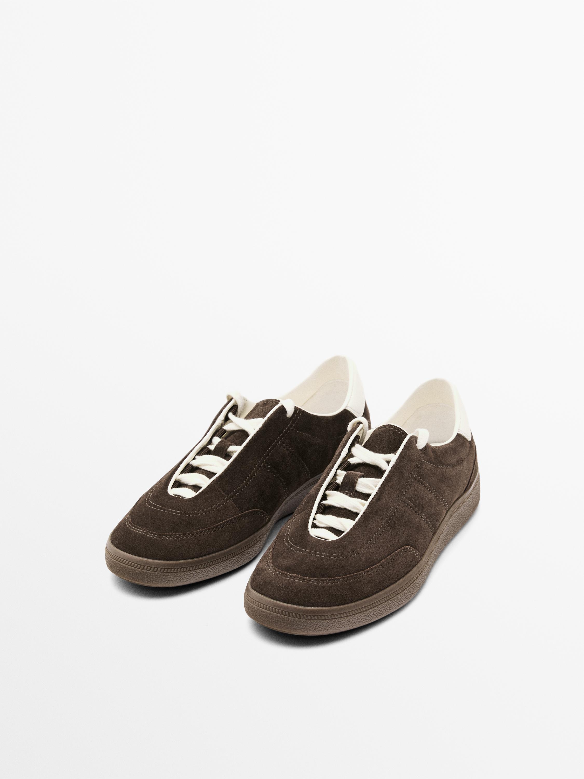 Кроссовки из спилка из замши с декоративной строчкой Massimo Dutti, коричневый — фото 2