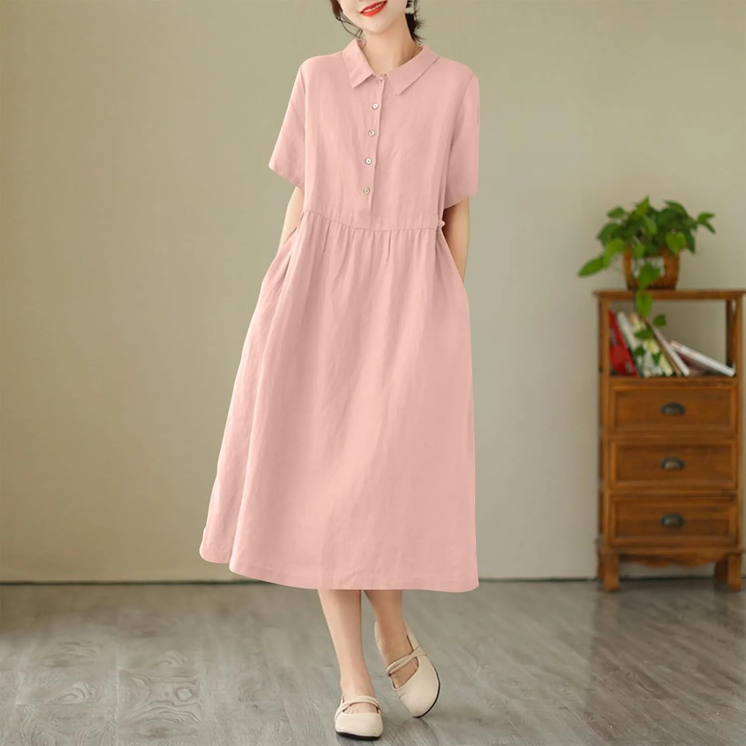 Женское летнее платье Casual в стиле рубашки с коротким рукавом и отложным воротником, свободное милое для прогулок, работы и отпуска Generic, розовый — фото 4