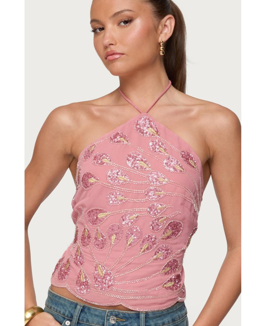 

Женский топ-халтер с вышивкой бисером и пайетками Edikted, Pink