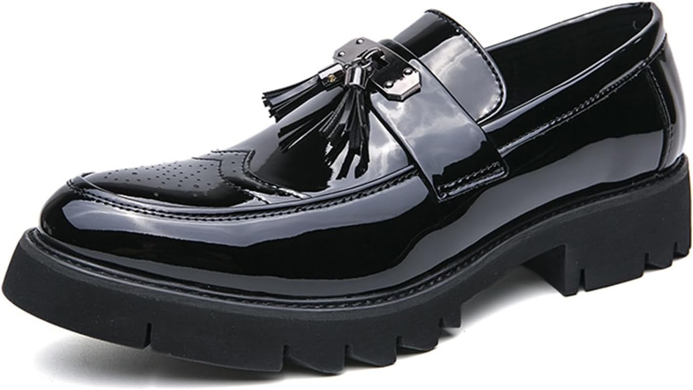 

Мужские лоферы-слипоны из лакированной кожи с брогированием, платформой и кисточками, модные, с круглым носком, низкие, с рифленой подошвой против скольжения, деловые туфли для вечеринок, свиданий и выпускного Botrent, черный
