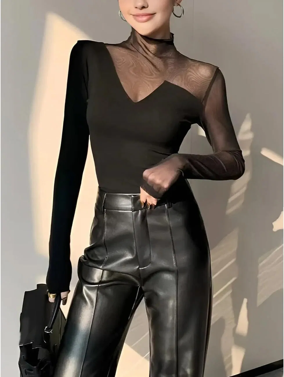 Блуза из тюля с эффектом прозрачности, женская, Casual, черный — фото 4