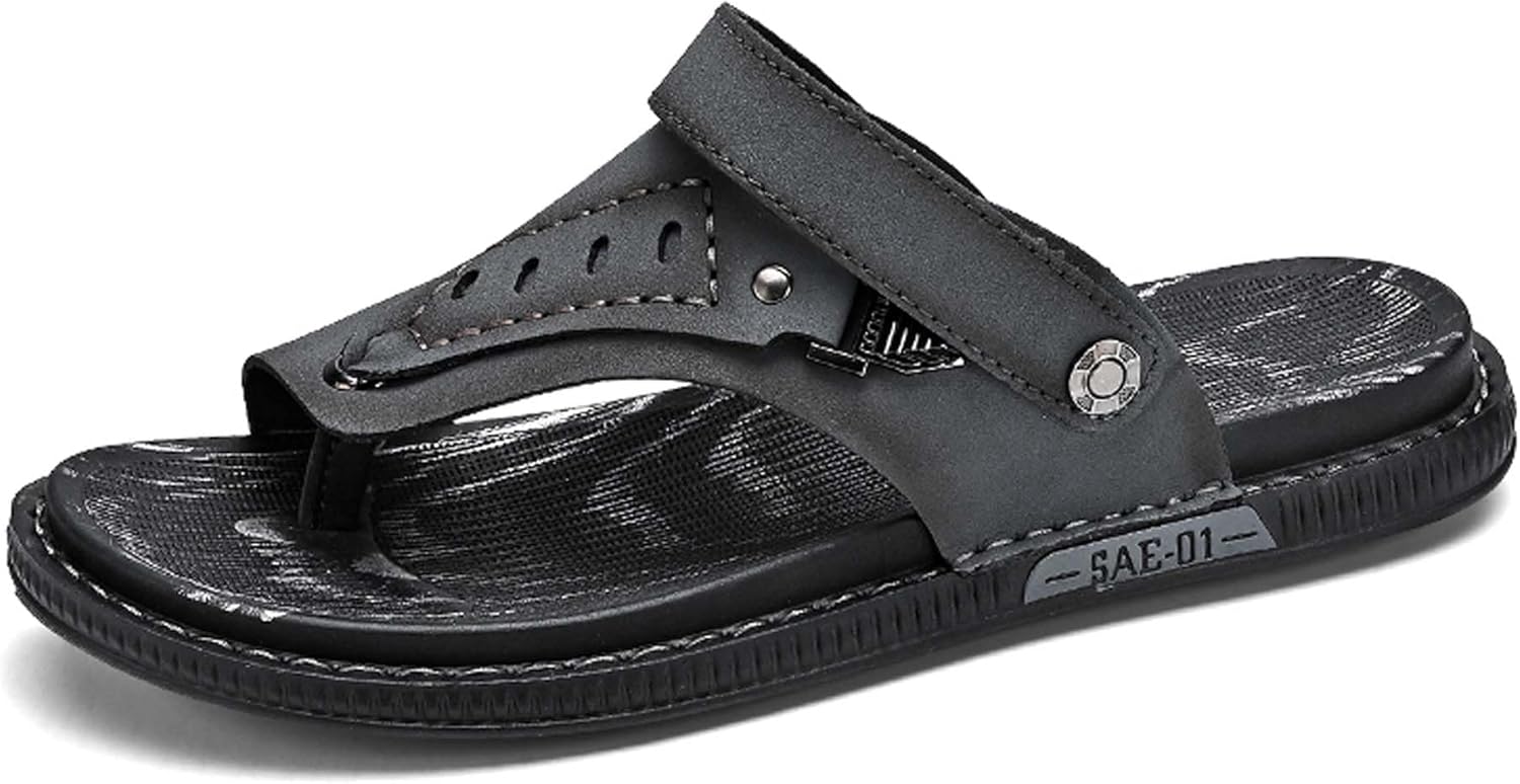 

Мужские сандалии-шлепанцы премиум-класса с кожаным верхом, два способа ношения, удобная нескользящая резиновая подошва, модный дизайн. Идеально подходят для летнего отдыха на природе Generic, серый