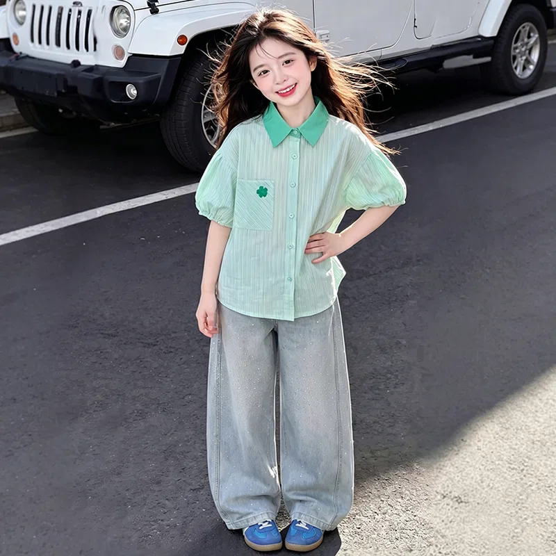 Детская рубашка с полосками Disney Kids Shirts Lapel Thin Non Stretch зеленая — фото 3