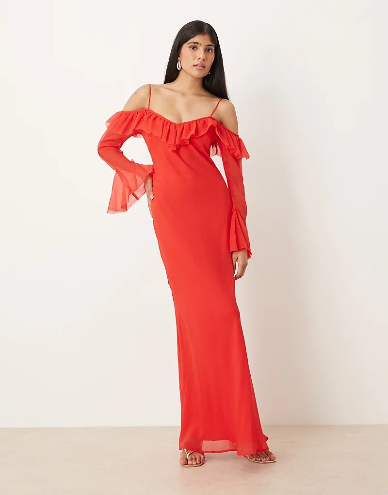 

Платье макси с открытыми плечами и оборками, длинное, красного цвета от ASOS DESIGN