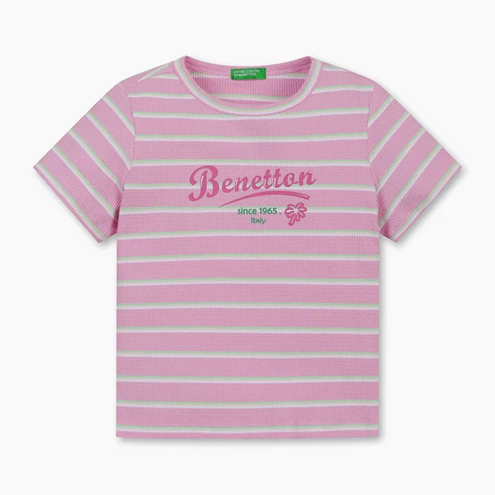 Детская полосатая футболка Waffle розовая от Benetton Kids