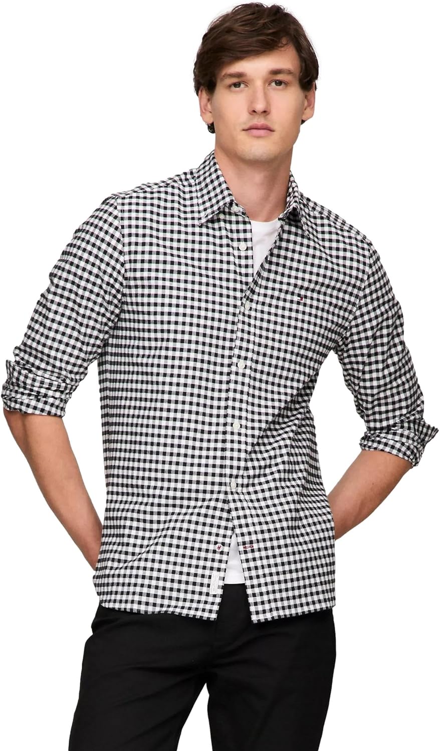 

Мужская фирменная рубашка TOMMY HILFIGER с длинным рукавом и застежкой на пуговицы, классического кроя, коллекция 2025 года, Gingham Black White Oxford.