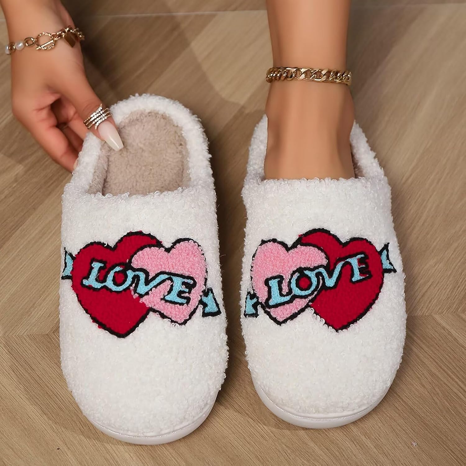 KEYUSHOP Любимые тапочки для женщин и мужчин, пушистые тапочки с сердечком, зимние тапочки для пар, удобные тапочки на слипоне, B — фото 4