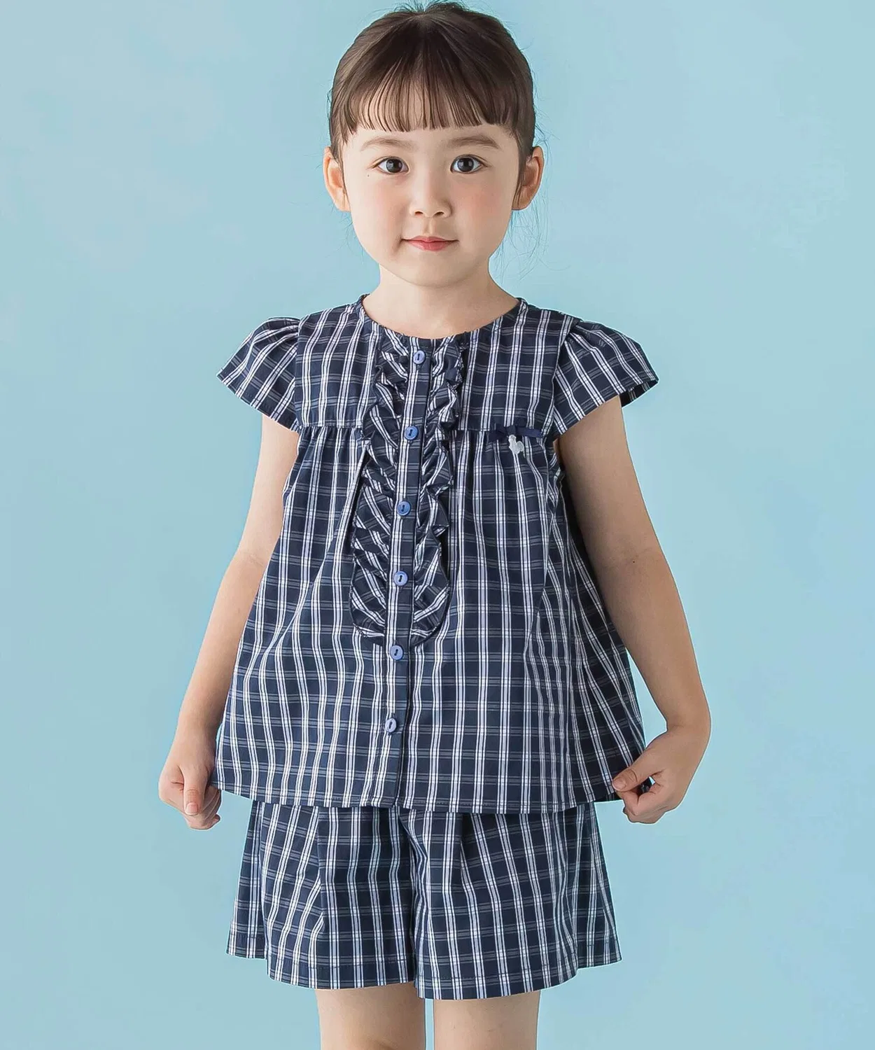 Детский костюм из блузки и шорт с клетчатым принтом BeBe Petits Pois Vert, синий