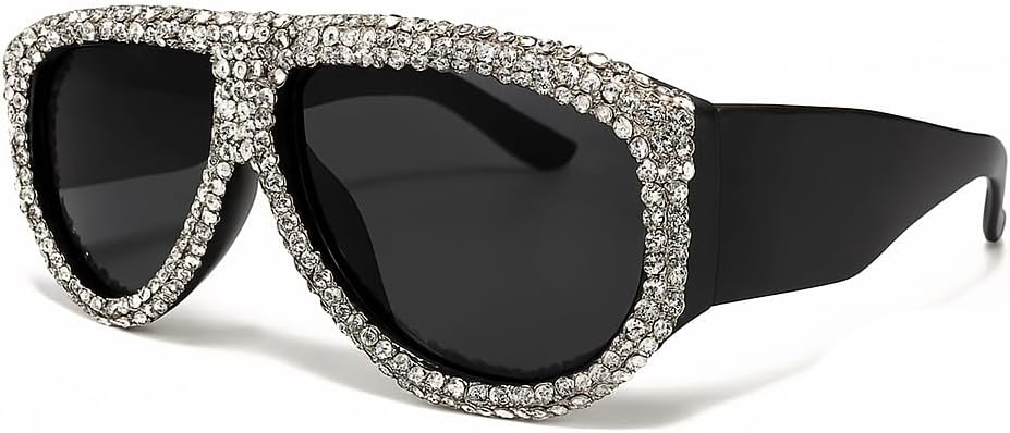 

bullabulling Большие солнцезащитные очки-пилот с защитным экраном для женщин, роскошные, с блестками и стразами, модные солнцезащитные очки для женщин в крупной оправе, White