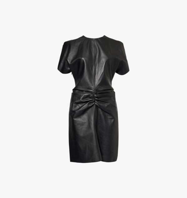 

Кожаное мини-платье без рукавов с присборенной спереди отделкой Victoria Beckham, черный