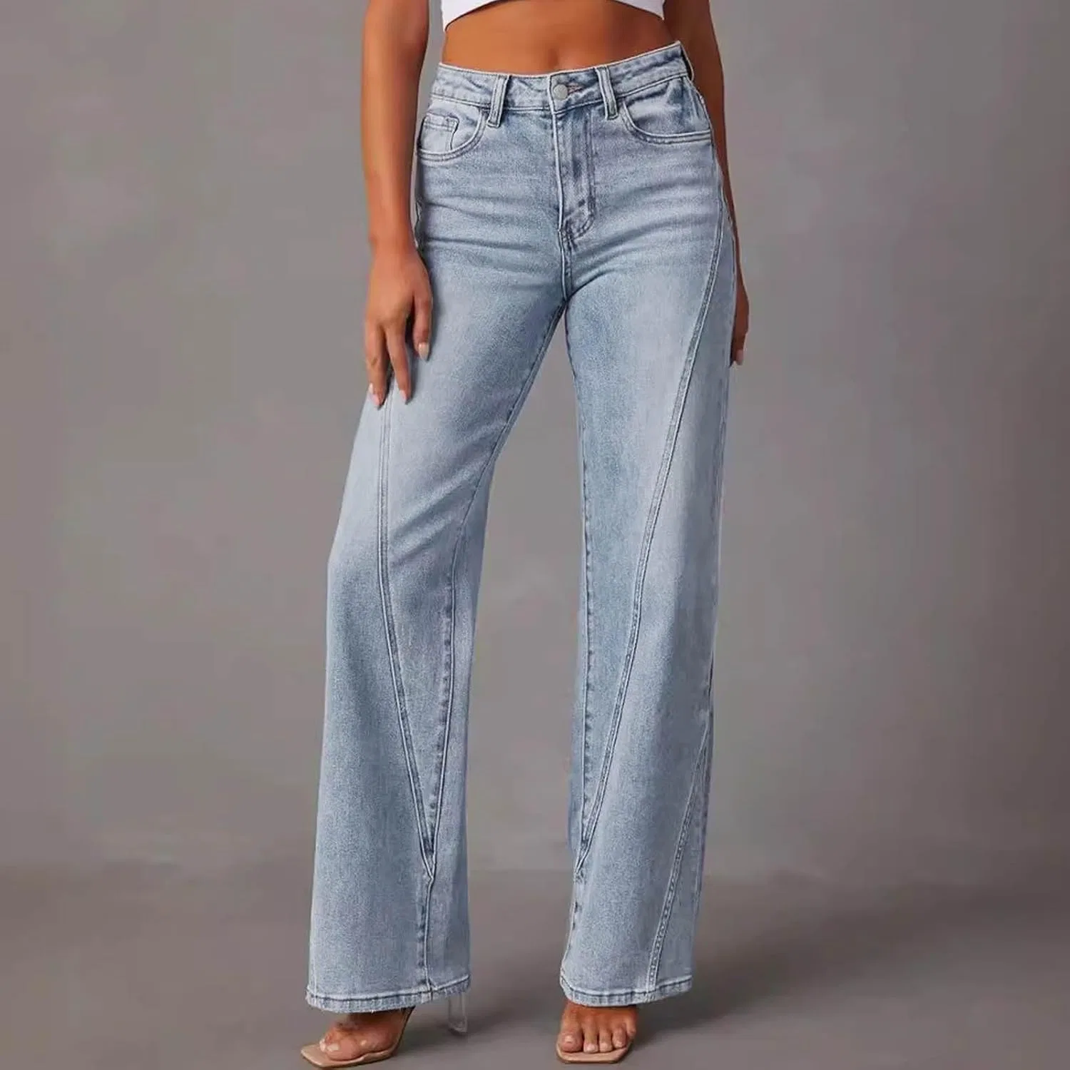 Джинсы с высокой талией, прямые, свободные, Womens Jeans, синие — фото 2