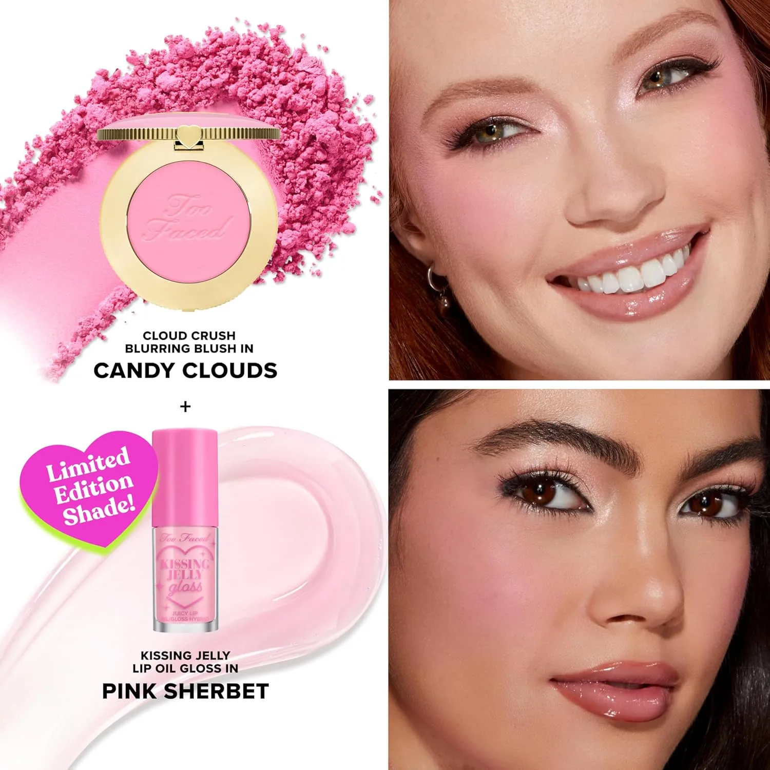 Набор румян и блеска для губ Too Faced Dream A Little Dream | Пудровые румяна Cloud Crush + масло для губ Kissing Jelly с полупрозрачным покрытием, подарочный набор, Pink — фото 3