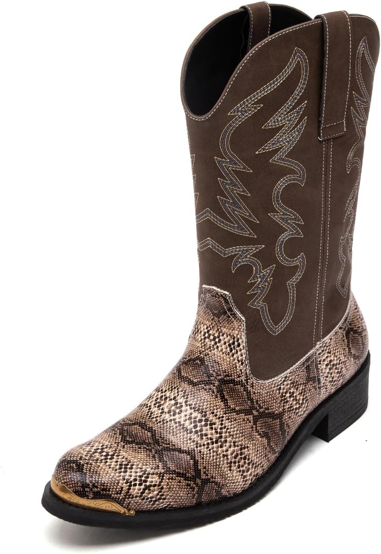 

Мужские ковбойские сапоги Gnvkxeu с круглым носком, вышитые с традиционным западным кантри узором искусственной змеиная кожа, коричневый