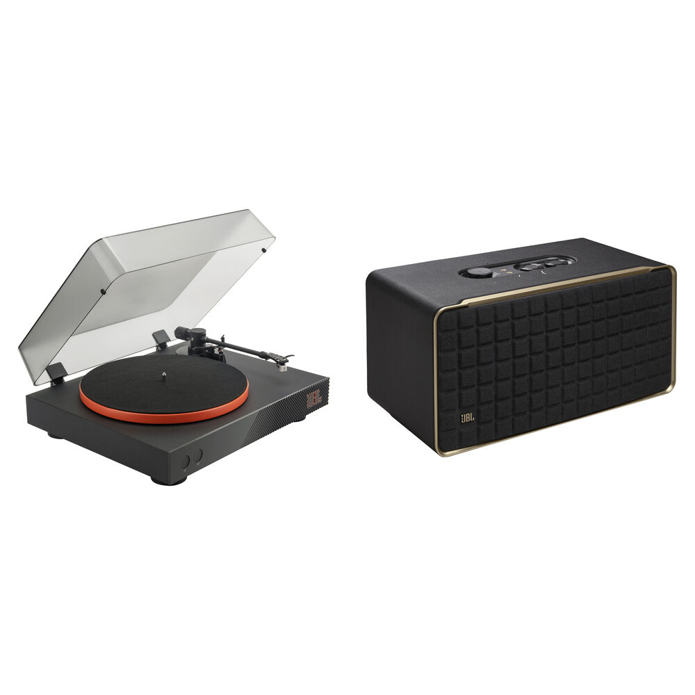 

JBL Spinner BT с двухскоростным проигрывателем винила и комплектом беспроводных домашних колонок Authentics 500 (черный и оранжевый)