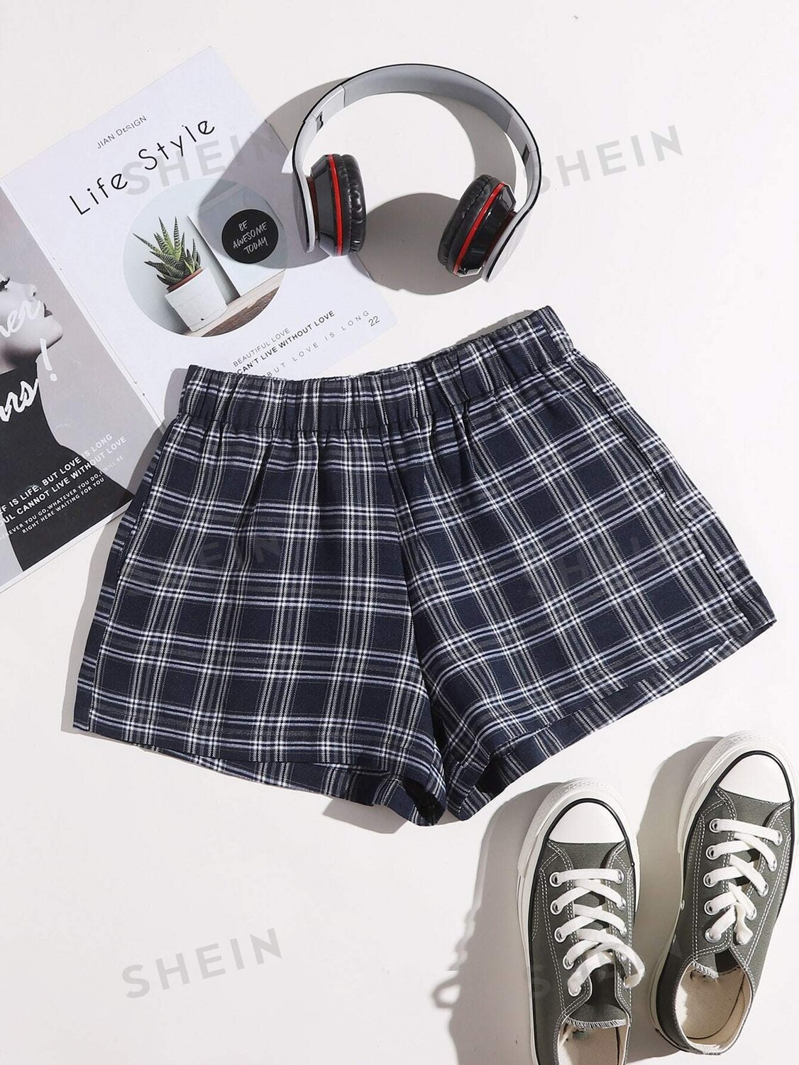 

Шорты широкие Shein Ezwear в клетку, темно-синий