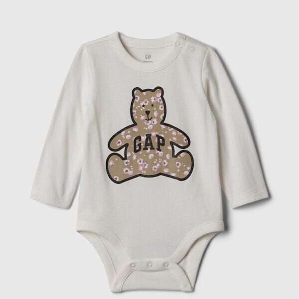 

Боди с длинными рукавами принтом плюшевого мишки и логотипом для новорожденных Gap, экрю