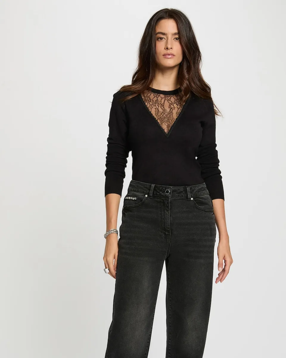 

Женский джемпер с круглым вырезом и кружевом Morgan, черный