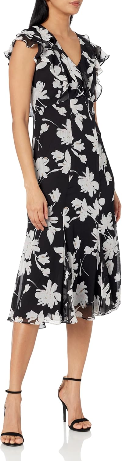 

Женское шифоновое платье миди Tommy Hilfiger без рукавов с оборками и V-образным вырезом, Black/Seashell