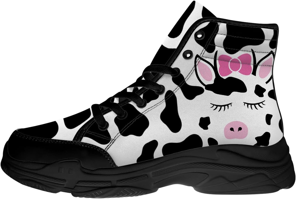 

Высокие кеды с коровой для фермы для женщин и мужчин, тканевые обувь на шнуровке, забавный подарок для нее и для него Quorax, белый/черный/розовый