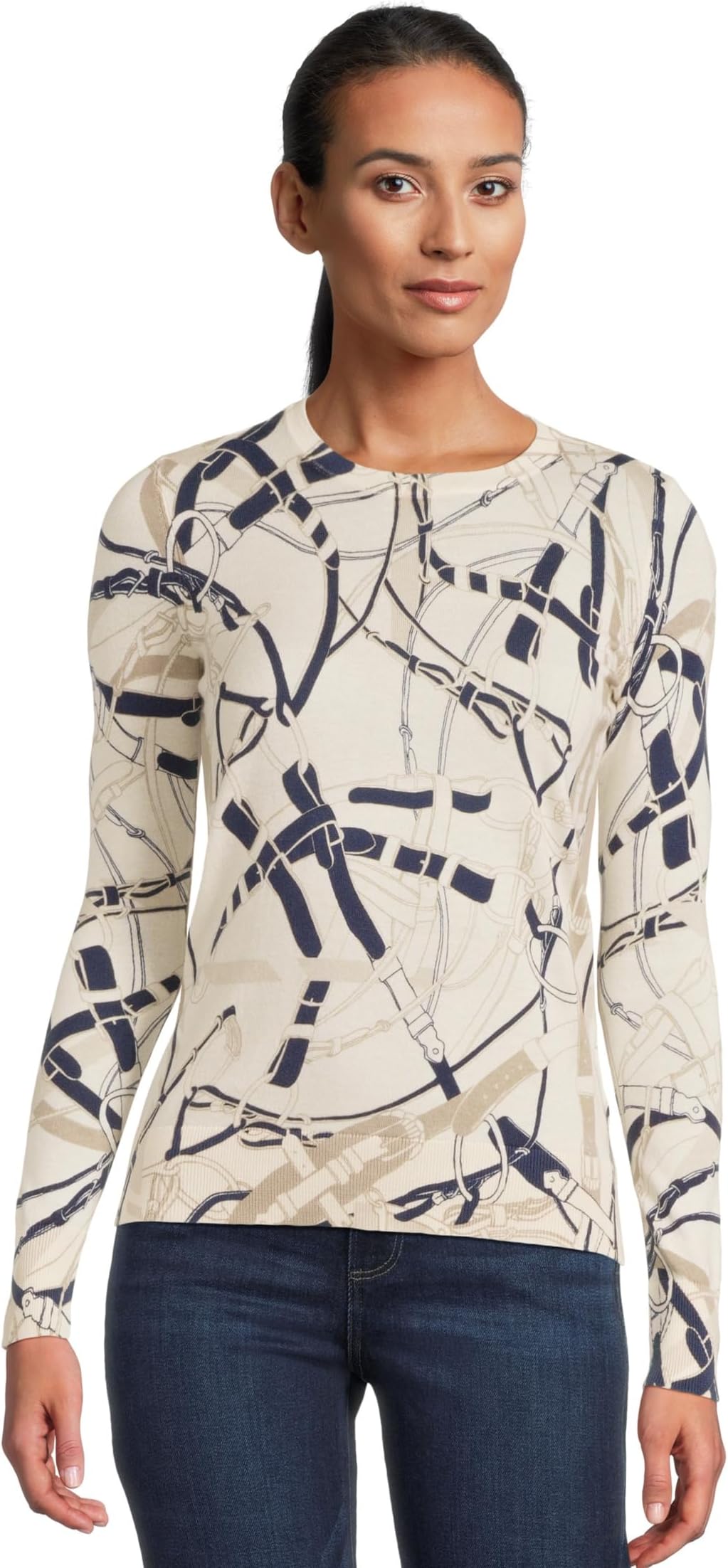 

Свитер Lauren Ralph Lauren Petite Belting-Print Cotton-Blend Sweater, цвет Cream/Navy Multi