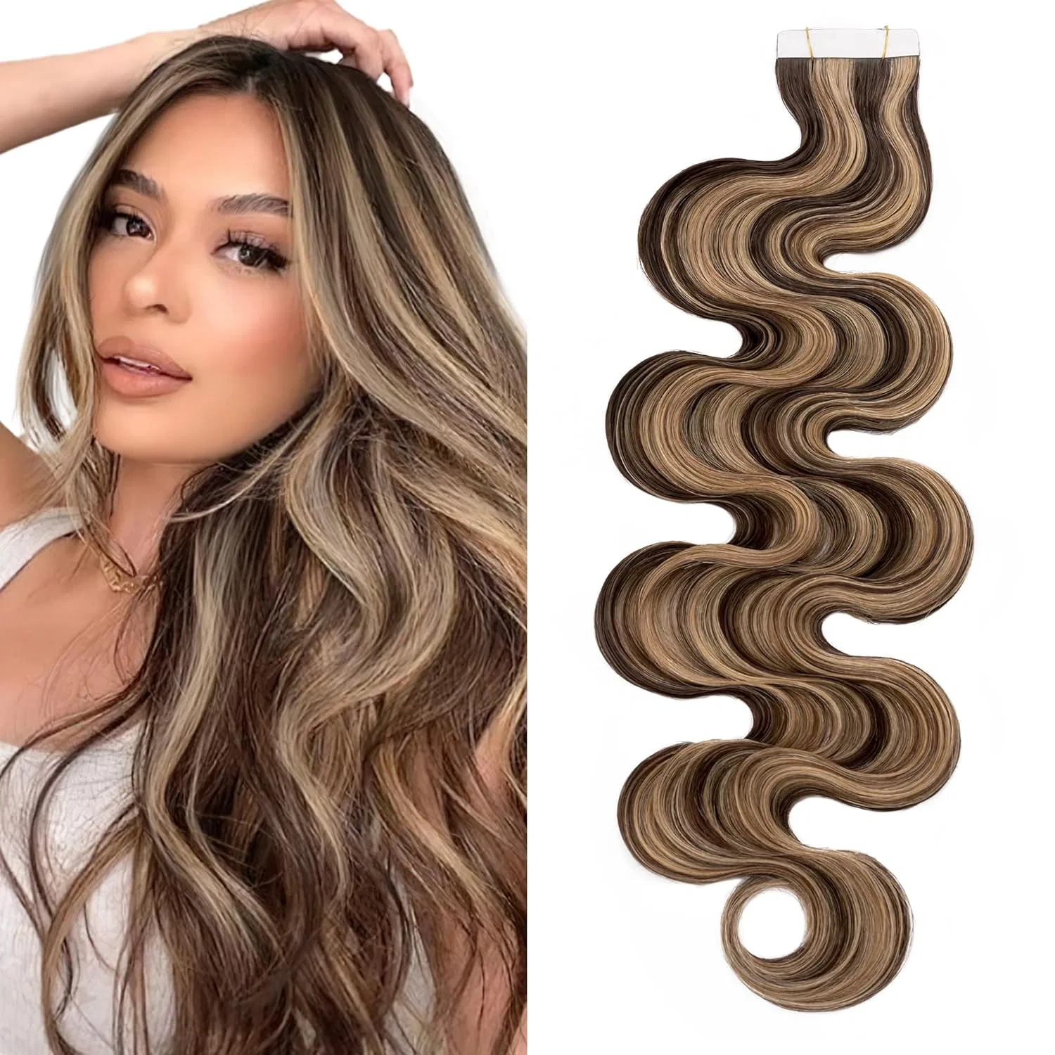 Волнистые накладные волосы на лентах SEGO из натуральных волос Sego, Medium Brown/Honey Blonde #4P27 Natural Waves