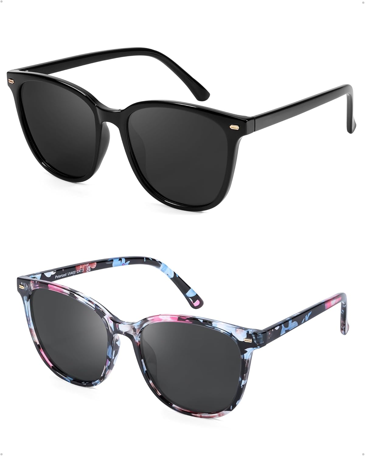 

FIMILU 2 пары солнцезащитных очков для женщин, поляризованные линзы с защитой UV400, большая оправа, модные очки, стильные и стильные, A15(2 Pack)black Frame/Grey Lens+floral Frame/Grey Lens