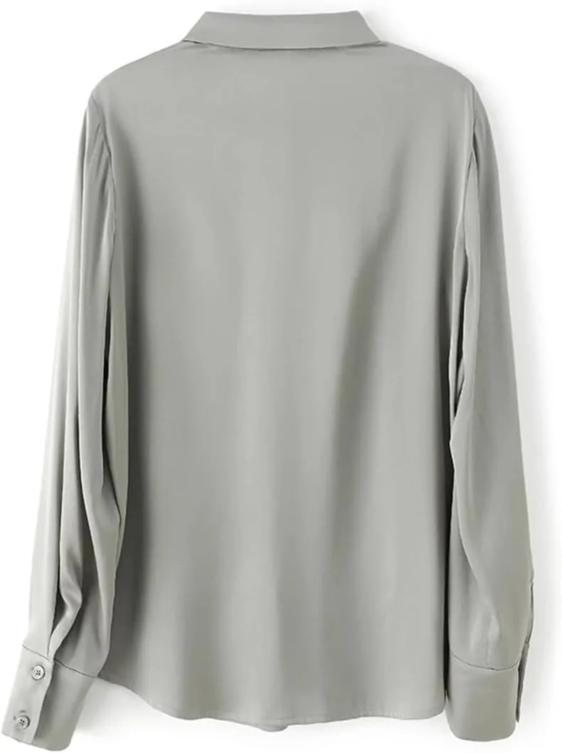 Женские блузки с пуговицами и отворотами, шелковые, с длинными рукавами, для офисных работниц, однотонные, мягкие, топы Generic, синий — фото 2