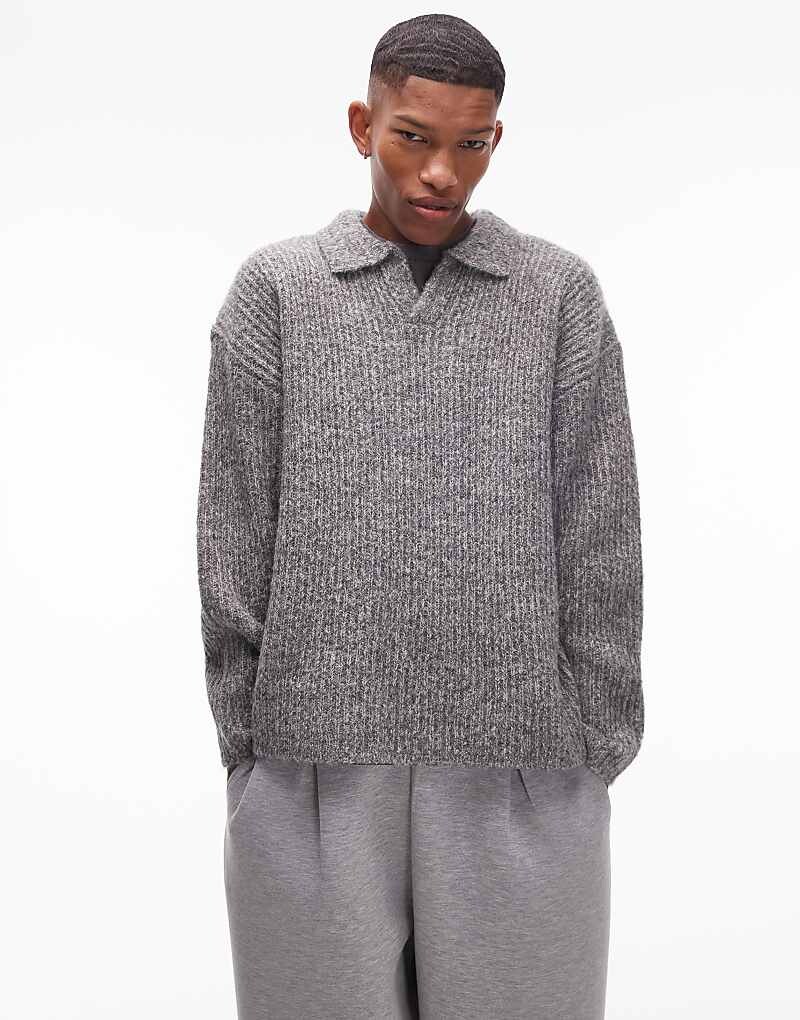 

Topman – свитер свободного кроя с открытым воротником серого меланжевого цвета