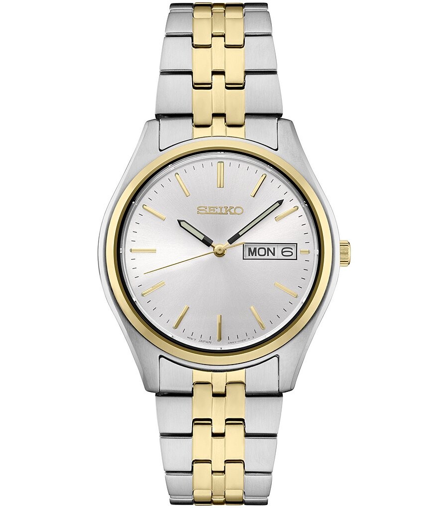 

Мужские мужские кварцевые аналоговые часы Seiko с белым циферблатом Sunray, двухцветный браслет из нержавеющей стали, мультиколор