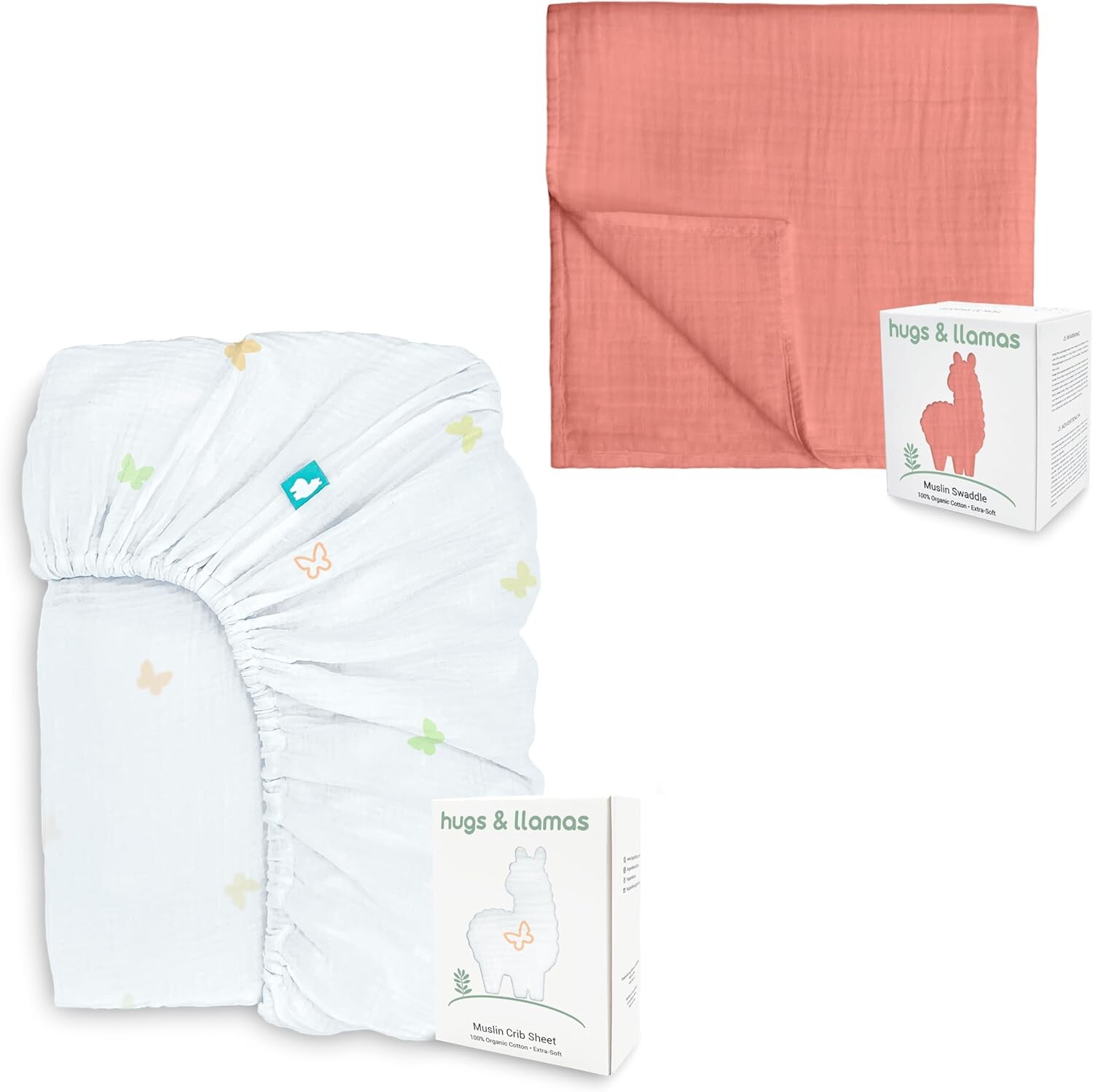 

Муслиновая простыня на подкладке из 100% органического хлопка и пеленальные одеяла из муслина из 100% органического хлопка hugs & llamas