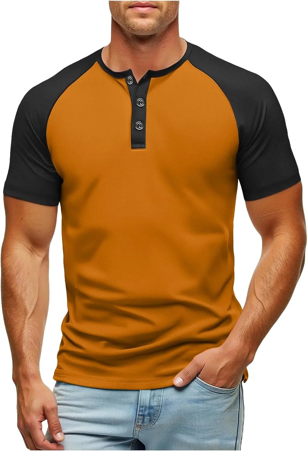 

Футболка Henley для мужчин, короткий рукав, хлопок, цветной блок