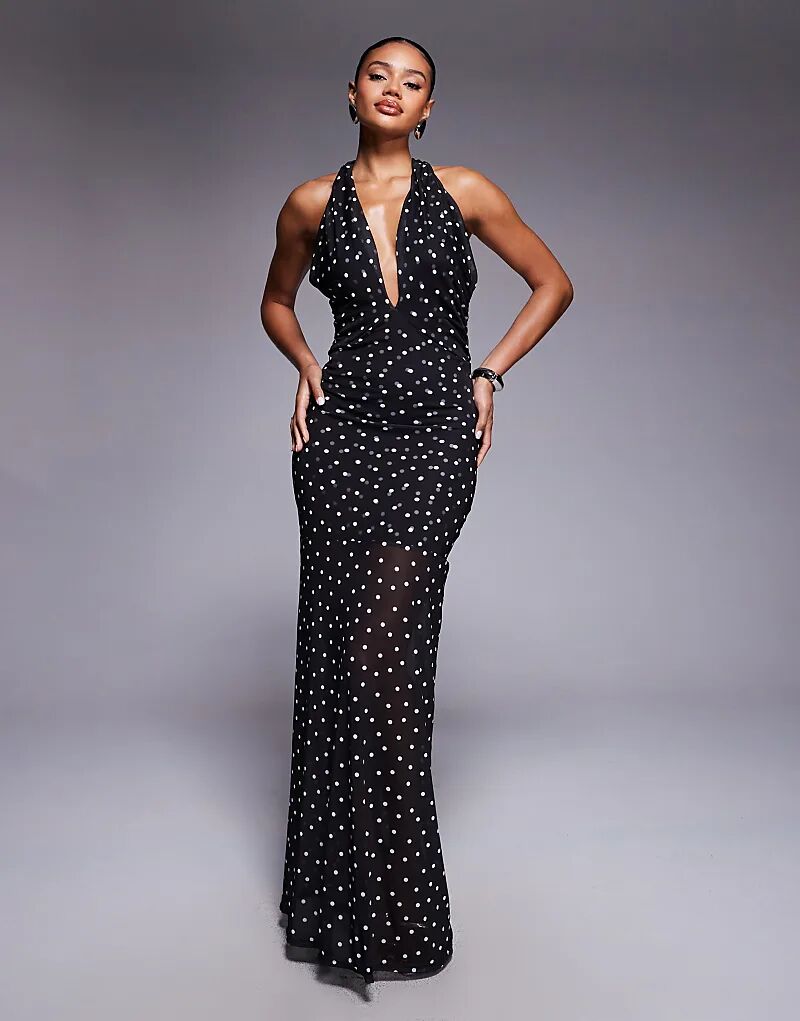 

Платье макси из сетки ASOS DESIGN с вырезом халтер и прозрачной юбкой в ​​горошек