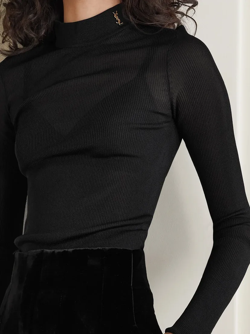 Водолазка из ребристого шелка SAINT LAURENT, черный — фото 3