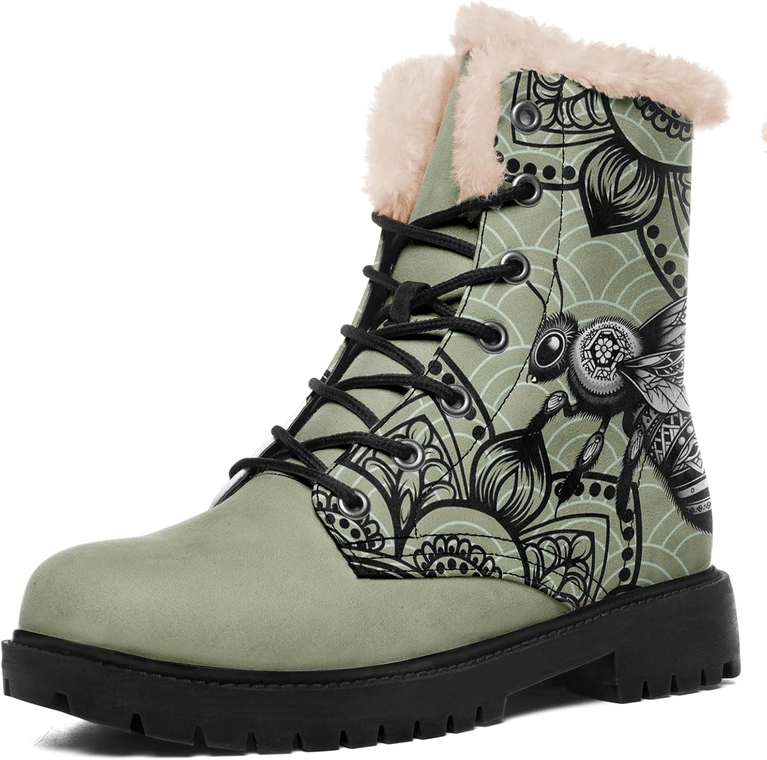 

Художественные зимние ботинки для женщин с узорами мандалы Солнце, Луна, Пчела, шнурованные уютные зимние ботинки с искусственным мехом Awsole, черный/зеленый
