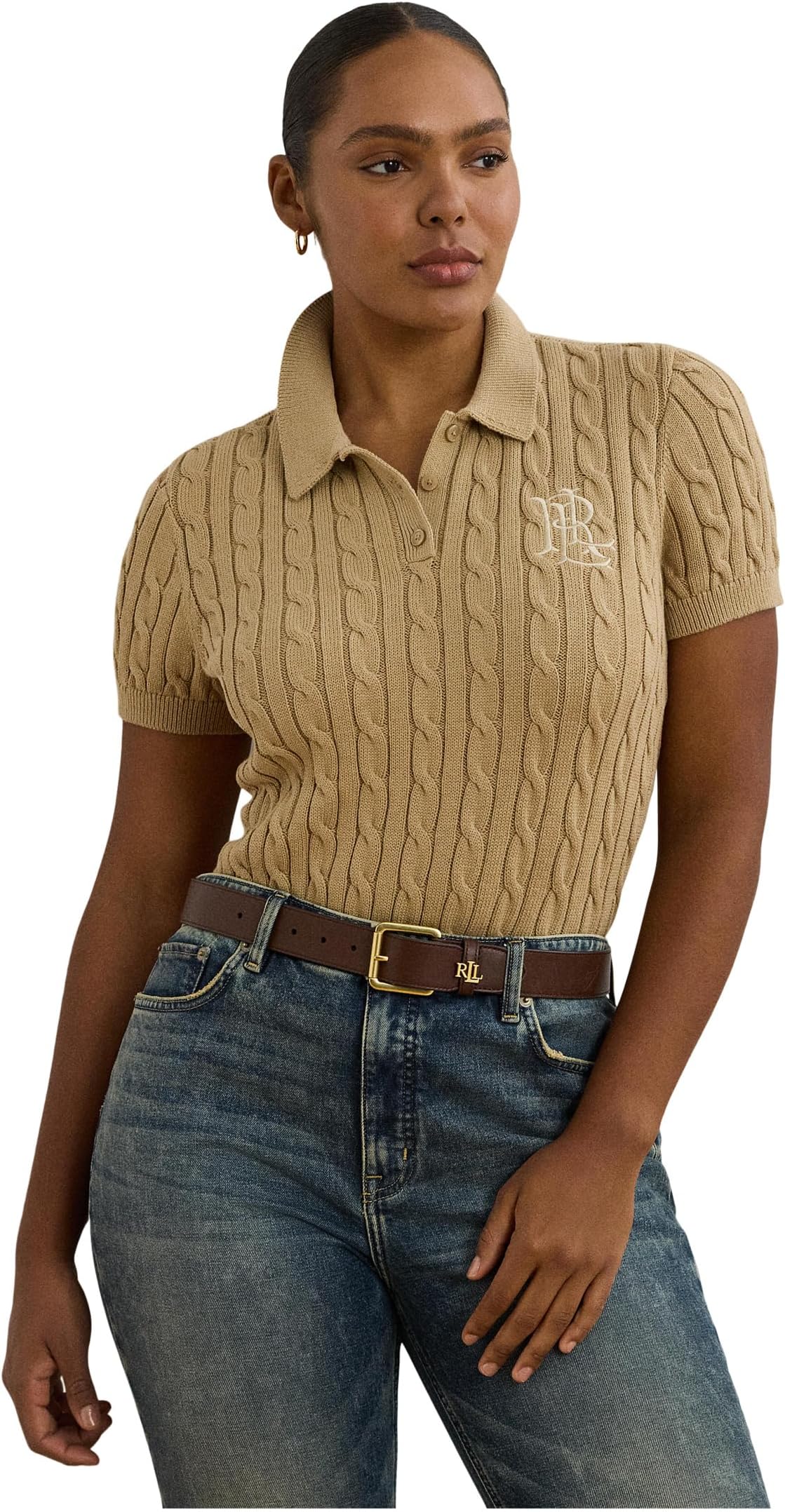 

Свитер Lauren Ralph Lauren Plus Size Cable-Knit Cotton Polo Sweater, цвет Birch Tan