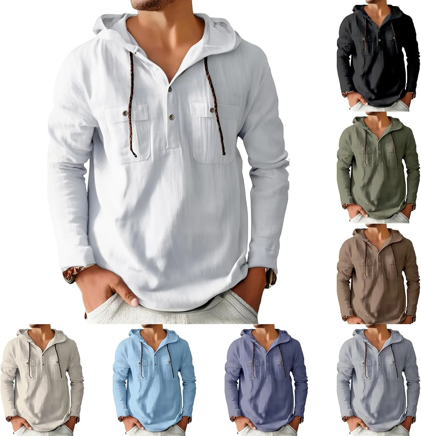 

Хлопковый льняной худи с длинным рукавом и планкой henley Thatrich