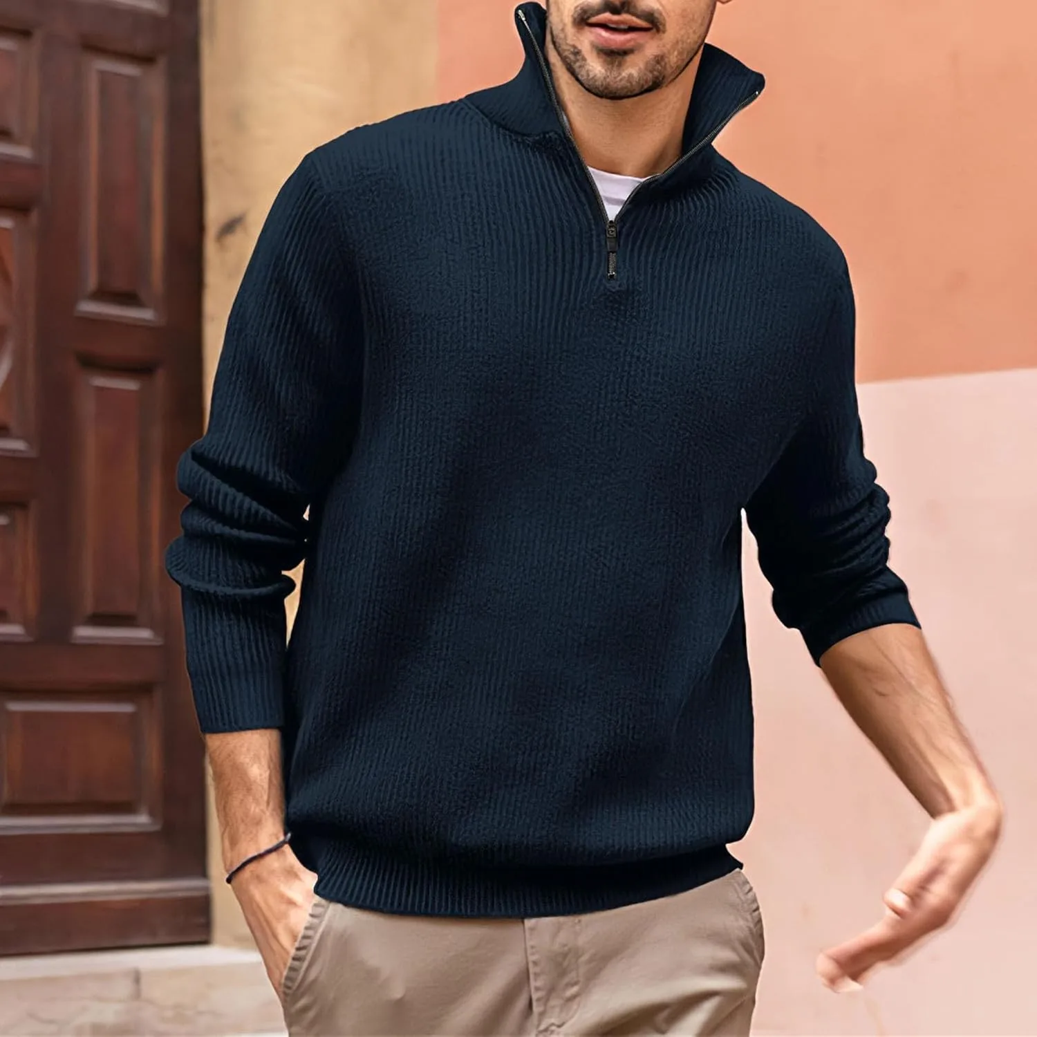 Мужской спортивный поло-кардиган с воротником и молнией Slim Fit — фото 4
